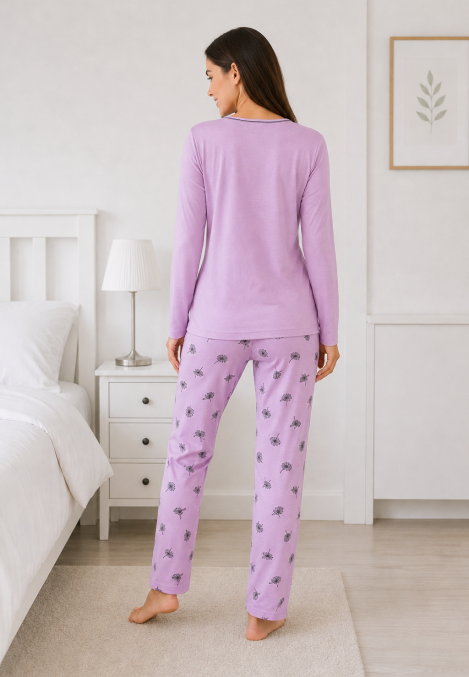 Pijama de damă cu bluză cu maneca lunga și pantaloni lung -Lila ,Engros